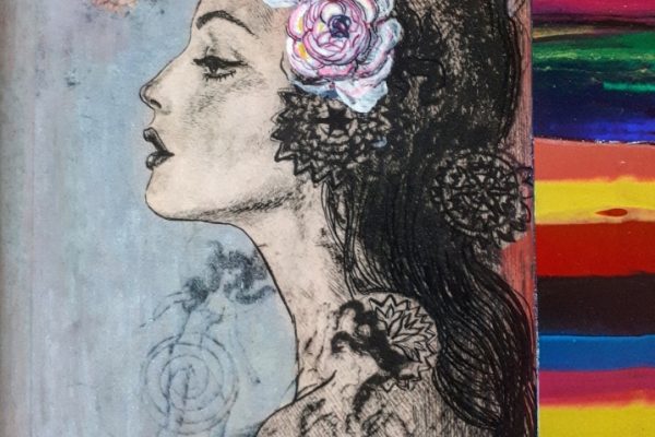 Hviezdny prach, kolorovaná suchá ihla a koláž,29x25cm