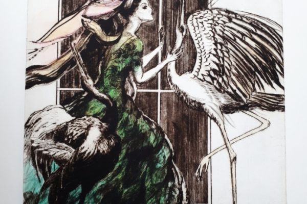 Deň bociana, kolorovaná suchá ihla, 40x29cm