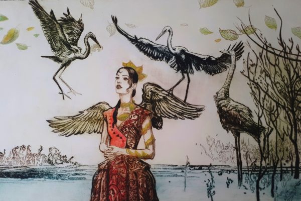 Dvorné dámy, kolorovaná suchá ihla, 60x43cm