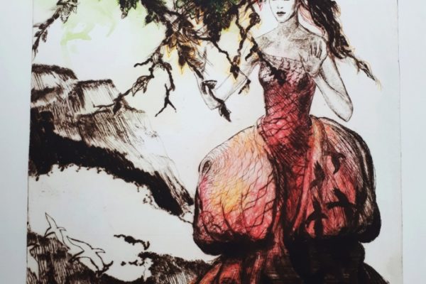 Havraní súmrak, kolorovaná suchá ihla, 40x29cm