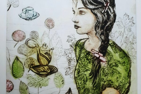 ČAS na čaj, kolorovaná suchá ihla, 40x29cm